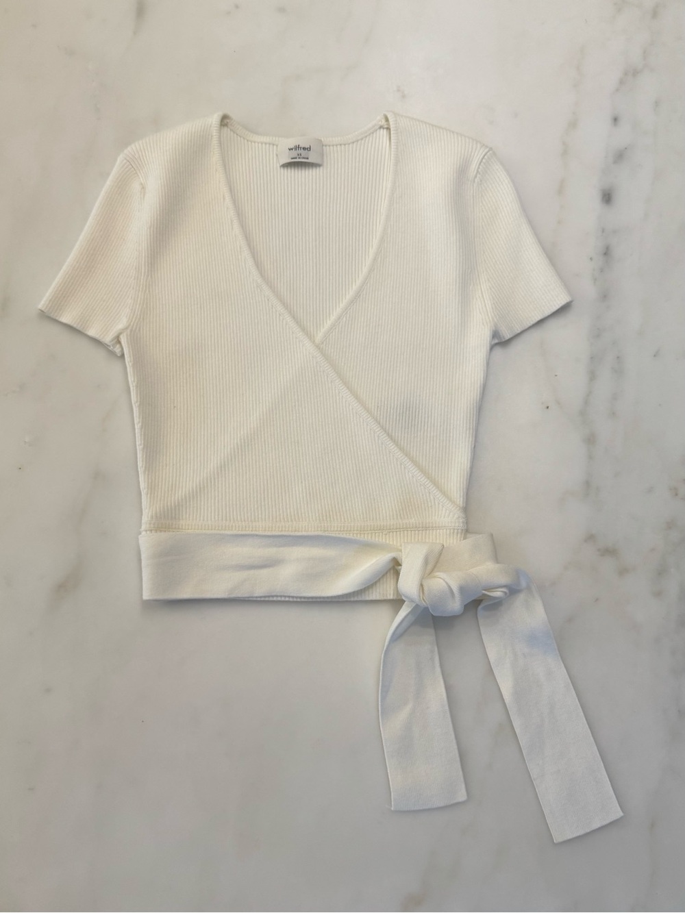 Woman’s Wilfred / Aritzia Creamy White Ribbed Wrap Tie Crop Top short sleeve XS